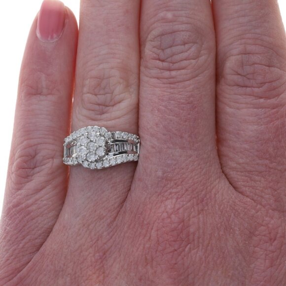 White Gold Diamond Cluster Cocktail Bypass Ring -10k Rd & Baguette 1.00ctw Swirl - Picture 2 of 6